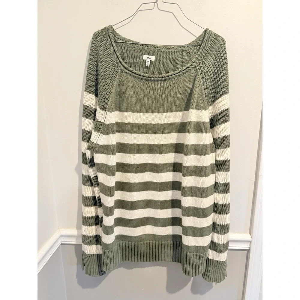 Aerie Bistro Striped Knit Sweater Women's Medium Oversize Olive Rolled Neckline‎